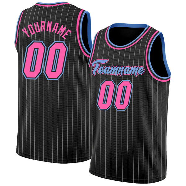 Custom Pinstripe Basketball Jersey Black White Pink-Light Blue