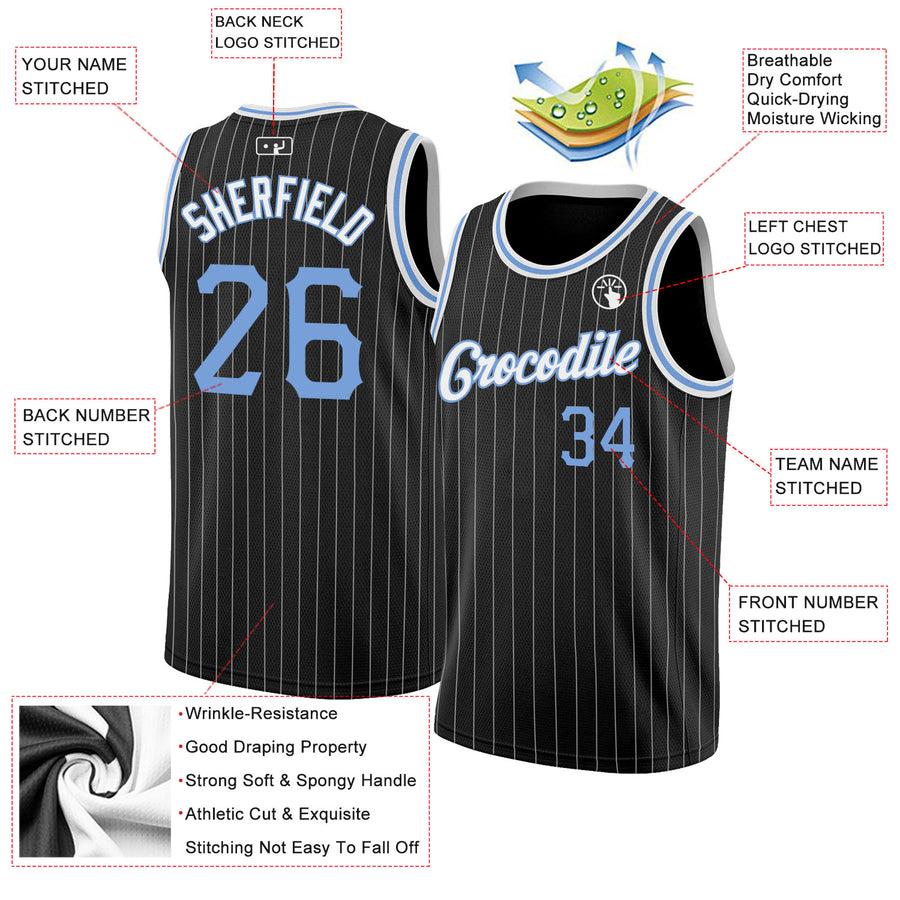 Custom Black White Pinstripe Light Blue-White Authentic Basketball Jersey