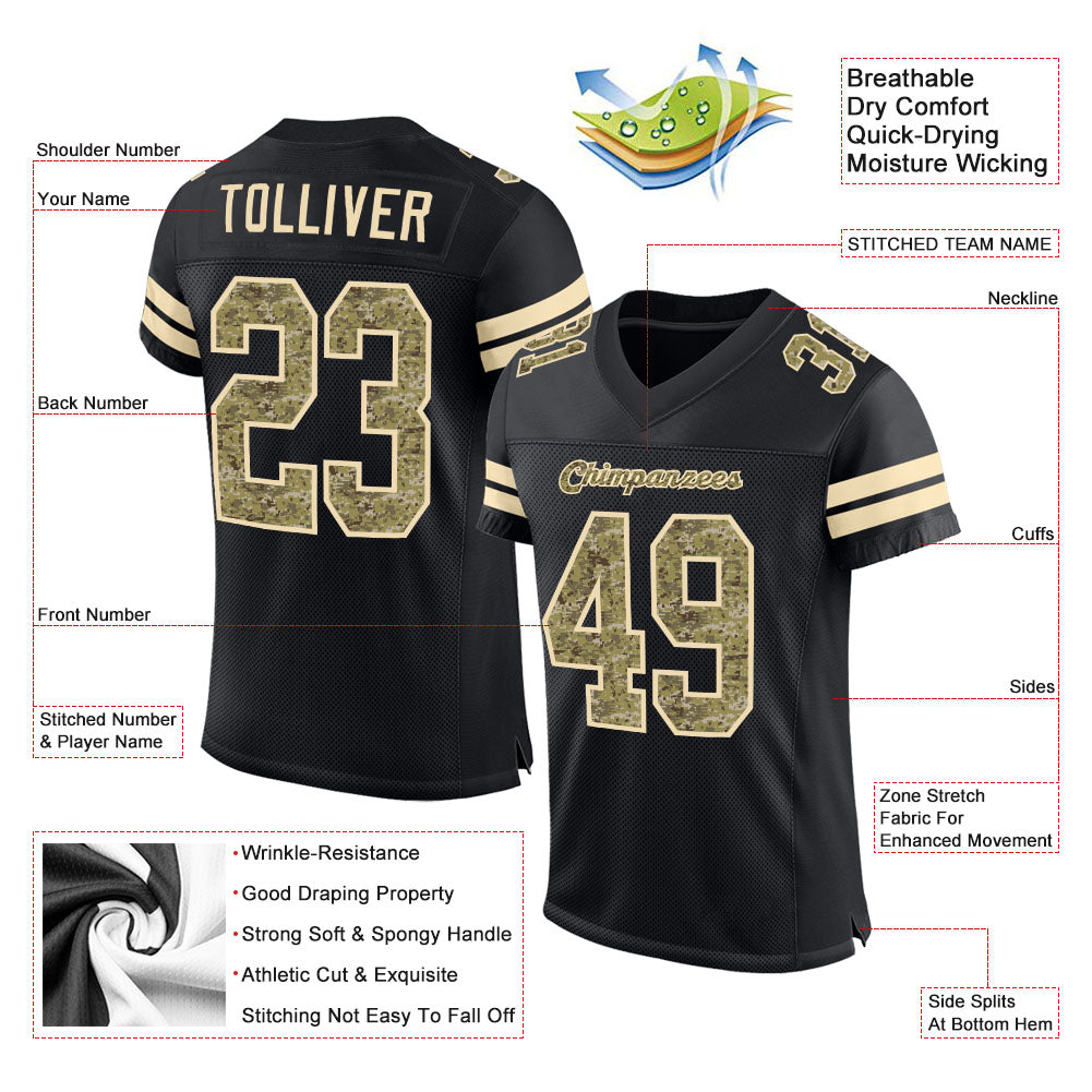 Custom Black Camo-Cream Mesh Authentic Football Jersey