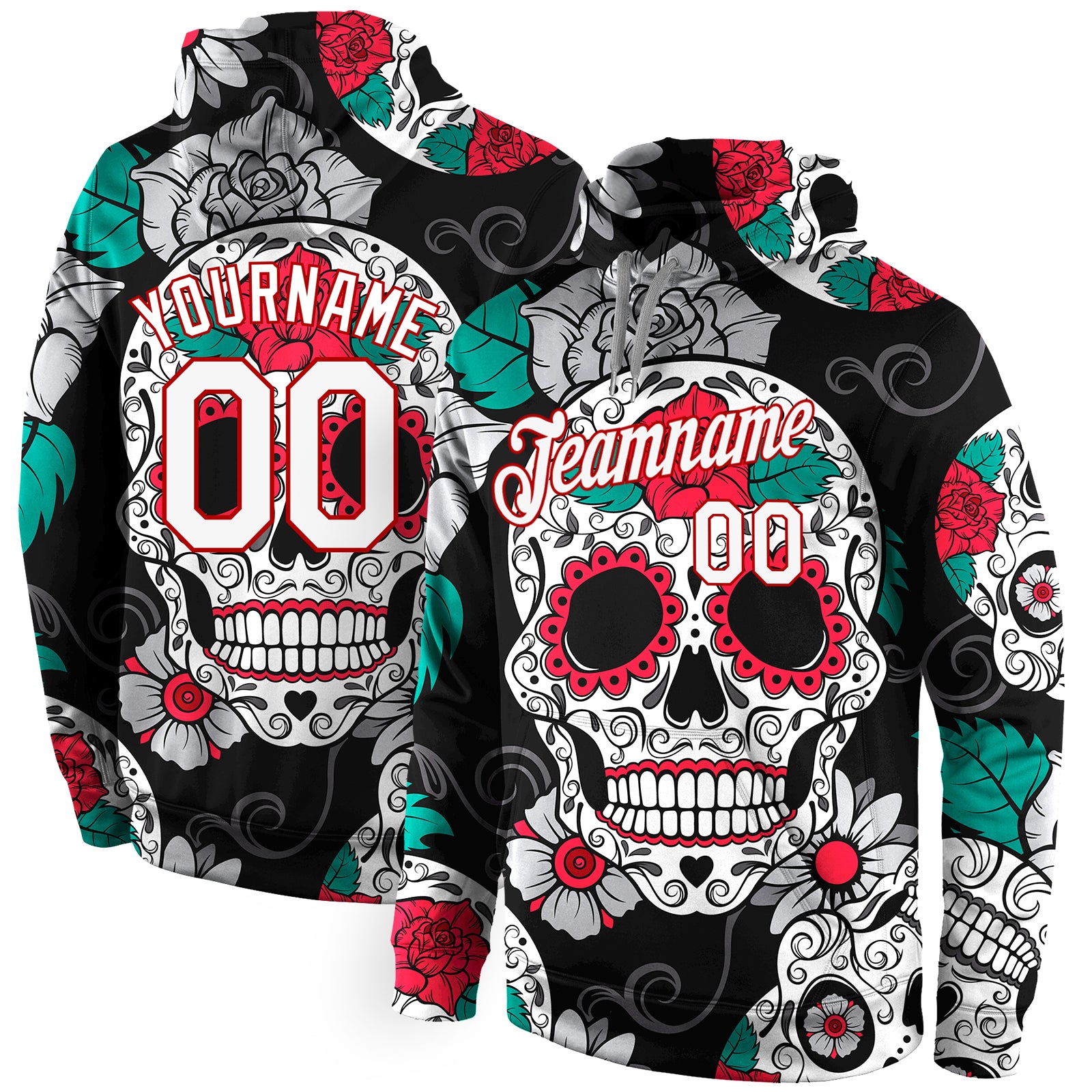 Custom Stitched Black White-Red 3D Skull Fashion Sports Pullover Sweatshirt Hoodie