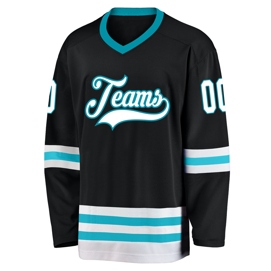 Custom Black White-Teal Hockey Jersey