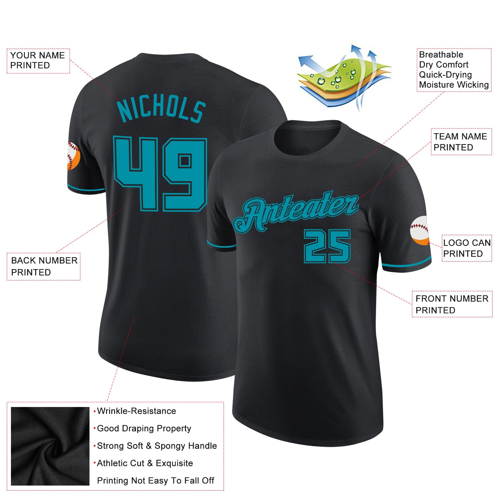 Custom Black Teal-Black Performance T-Shirt