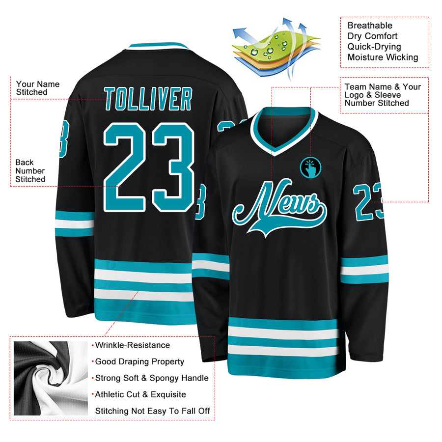 Custom Black Teal-White Hockey Jersey