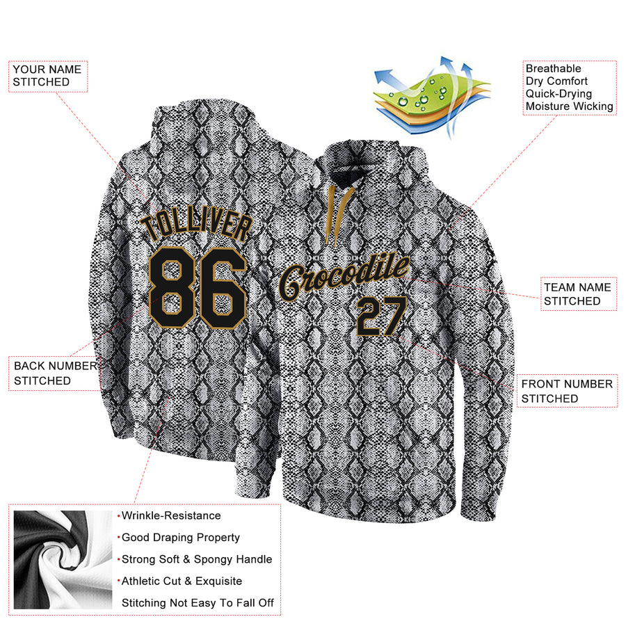 Custom Stitched Black Black-Old Gold 3D Pattern Design Snakeskin Sports Pullover Sweatshirt Hoodie