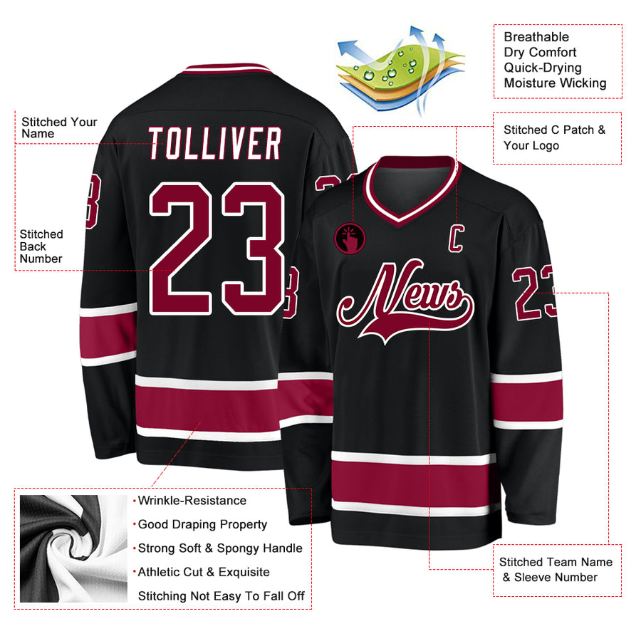 Custom Black Maroon-White Hockey Jersey