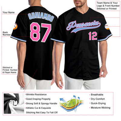 Custom Black Pink-Light Blue Authentic Baseball Jersey