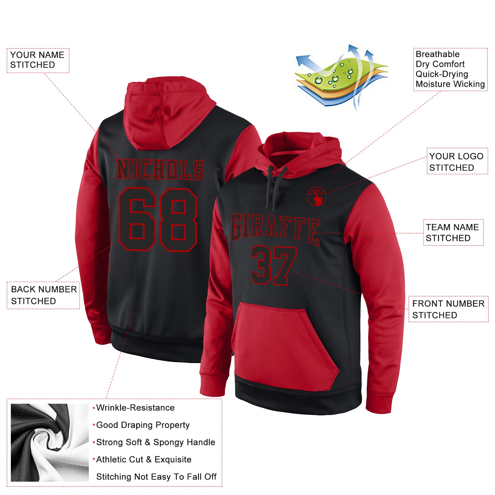 Custom Stitched Black Black-Red Sports Pullover Sweatshirt Hoodie