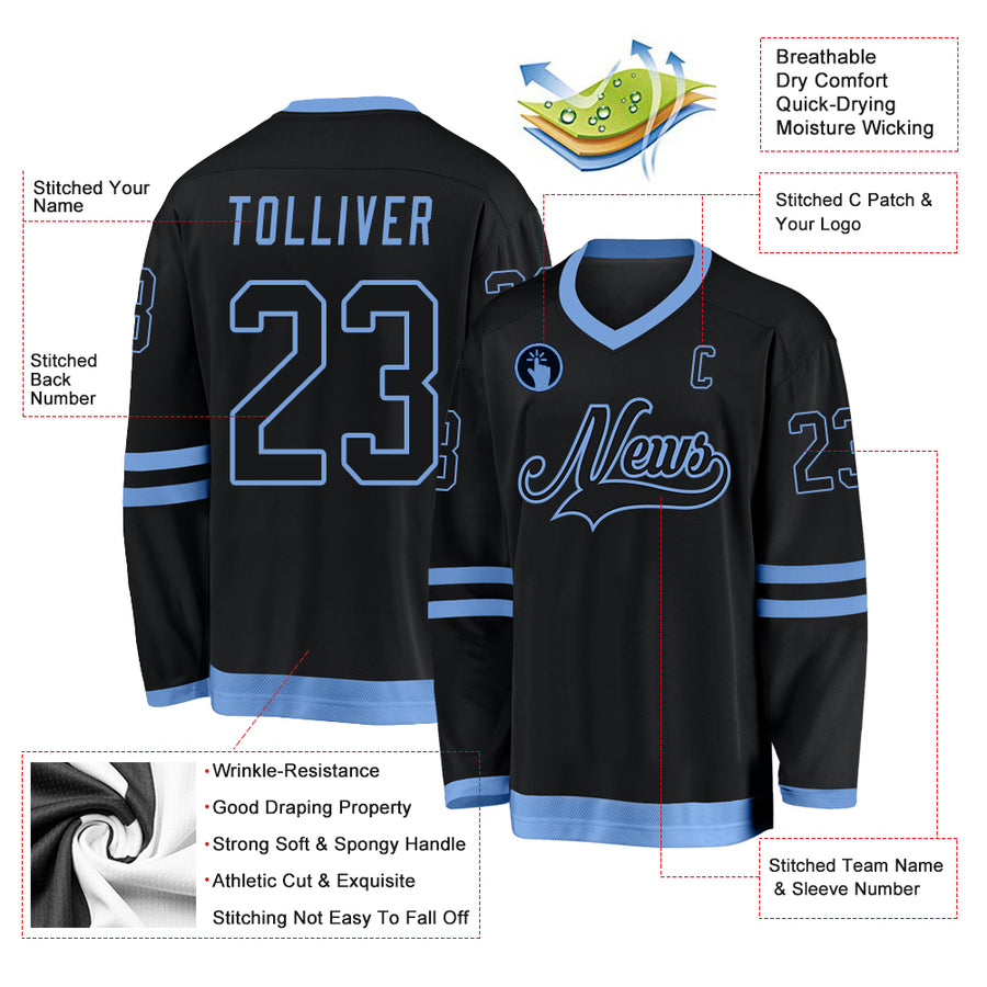 Custom Black Black-Light Blue Hockey Jersey