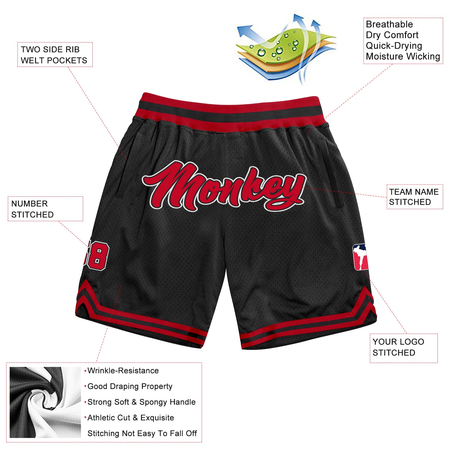 Custom Black Red-White Authentic Throwback Basketball Shorts