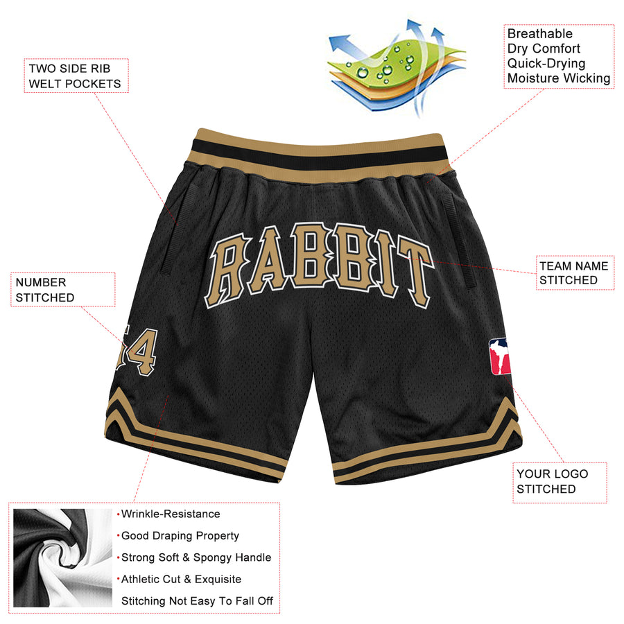 Custom Black Old Gold-White Authentic Throwback Basketball Shorts