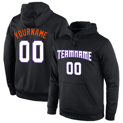 Custom Stitched Black White-Orange Sports Pullover Sweatshirt Hoodie