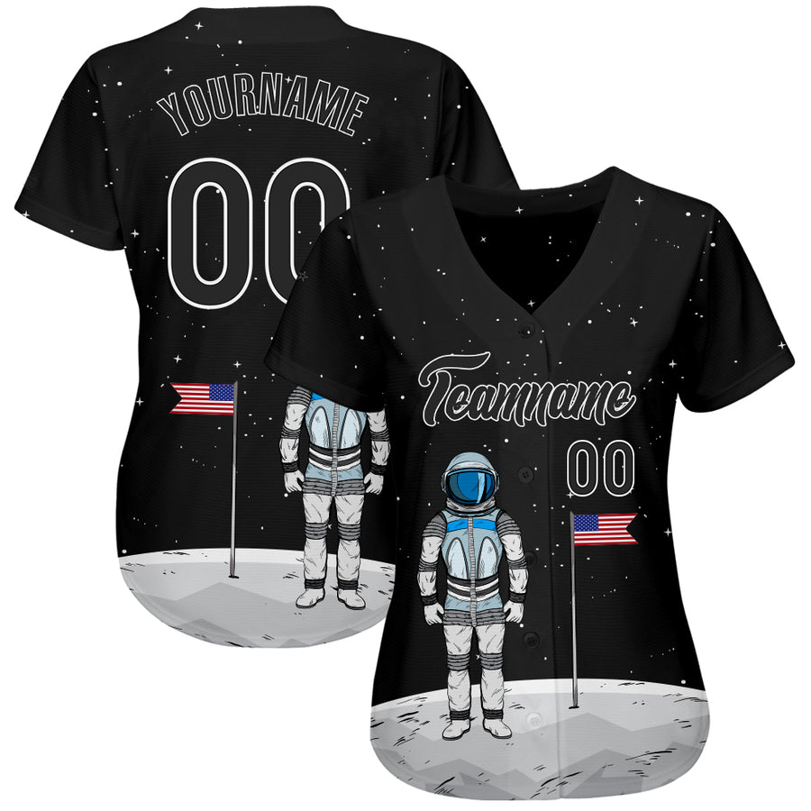 Custom Black Black-White 3D Pattern Design Astronaut Authentic Baseball Jersey