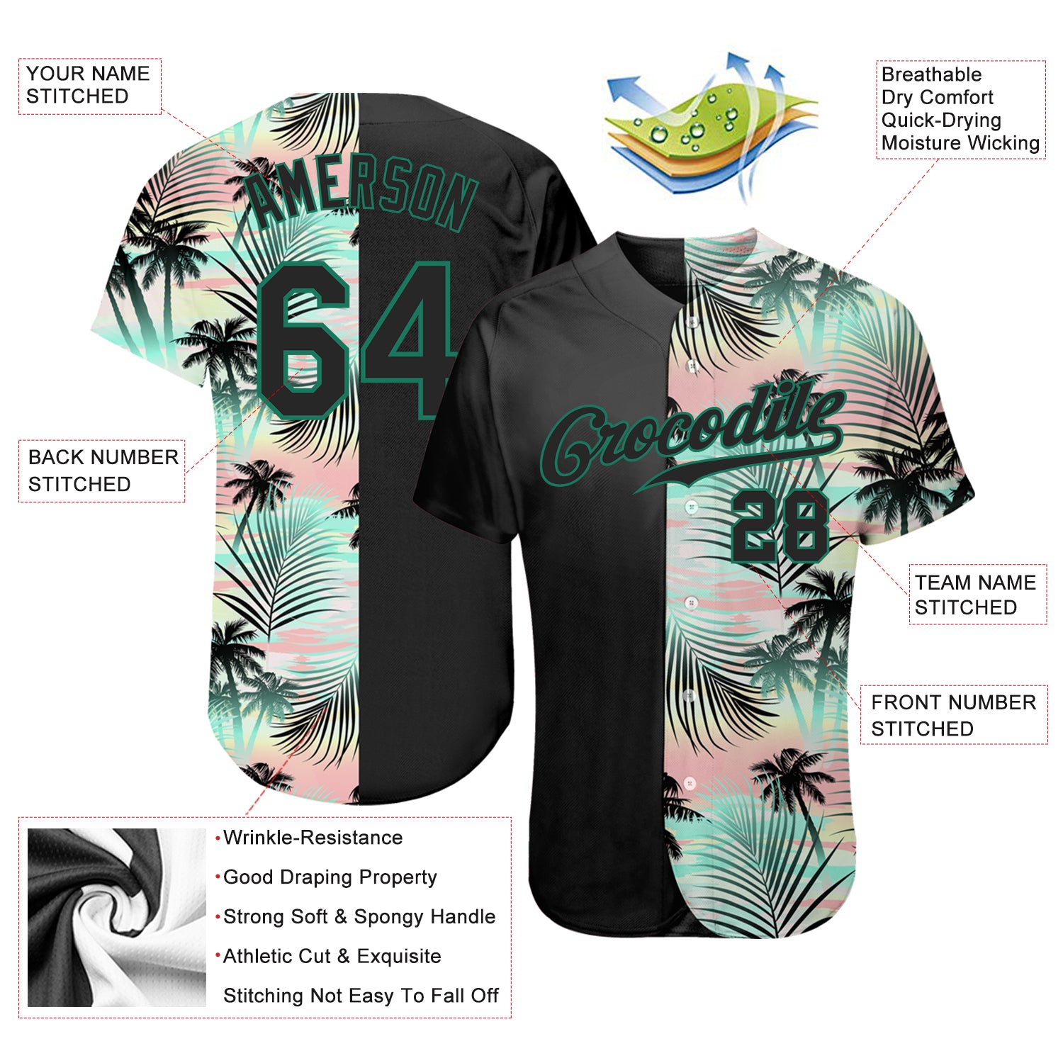 Custom Black Black-Kelly Green 3D Pattern Design Tropical Palm Leaves Authentic Baseball Jersey Men's Size:M