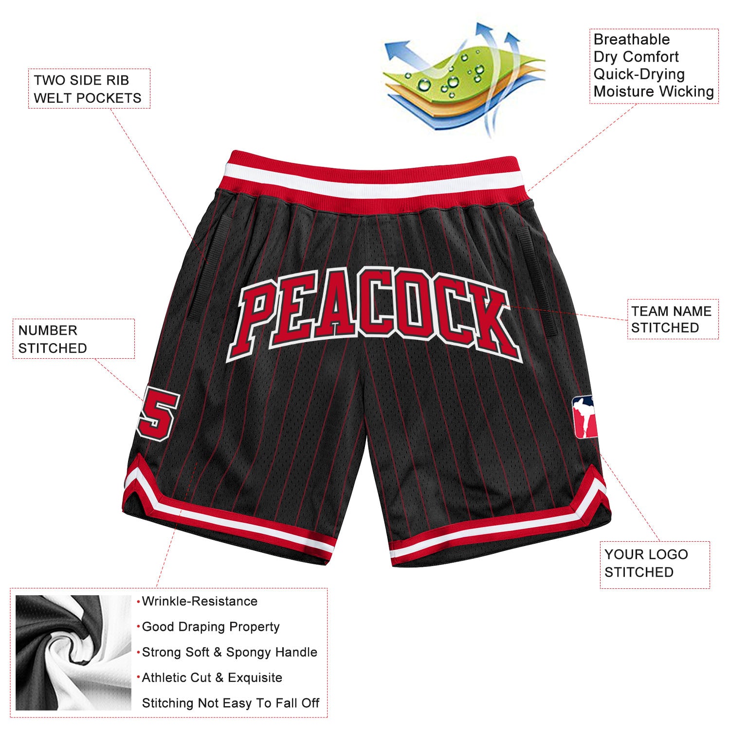 Custom Black Red Pinstripe Red-White Authentic Basketball Shorts