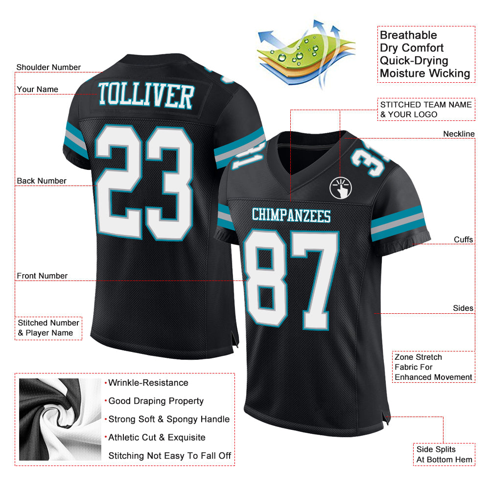 Custom Black White-Teal Mesh Authentic Football Jersey