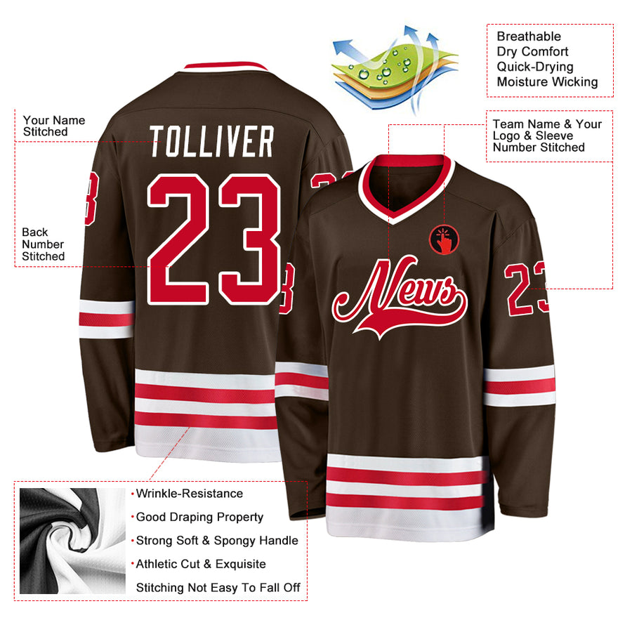 Custom Brown Red-White Hockey Jersey