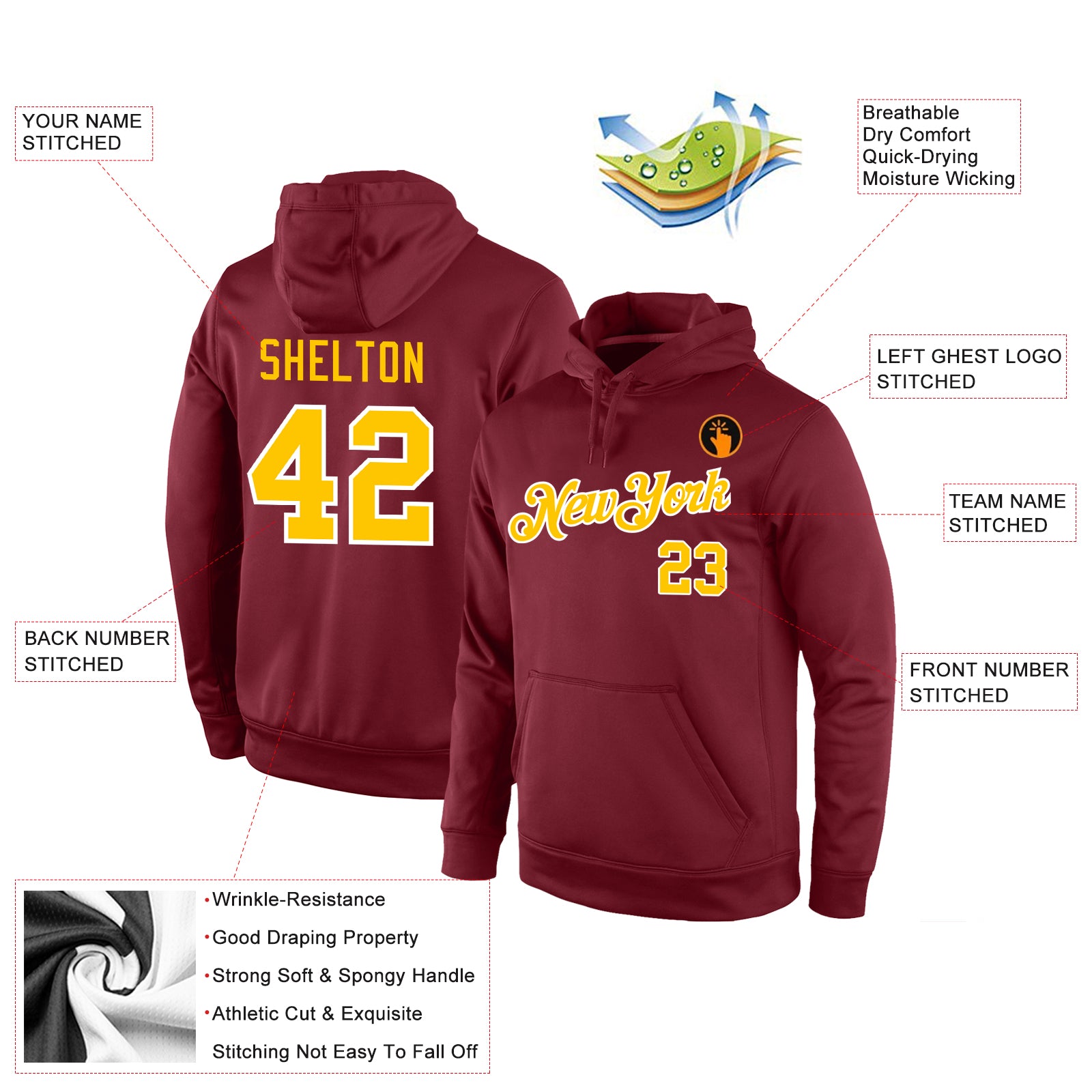 Custom Stitched Burgundy Gold-White Sports Pullover Sweatshirt Hoodie