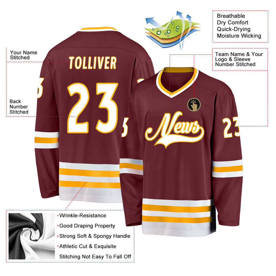 Custom Burgundy White-Gold Hockey Jersey