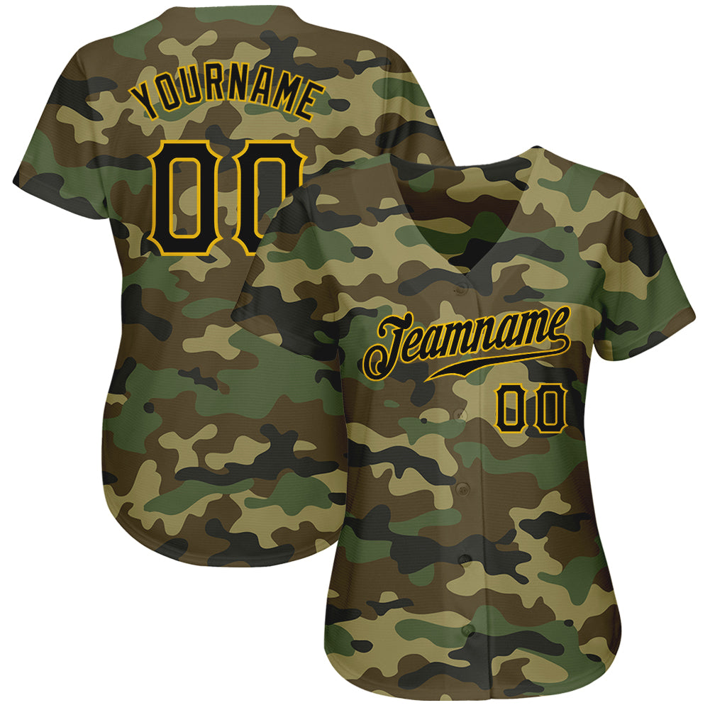 Custom Camo Baseball Jersey Black-Gold Authentic Salute To Service