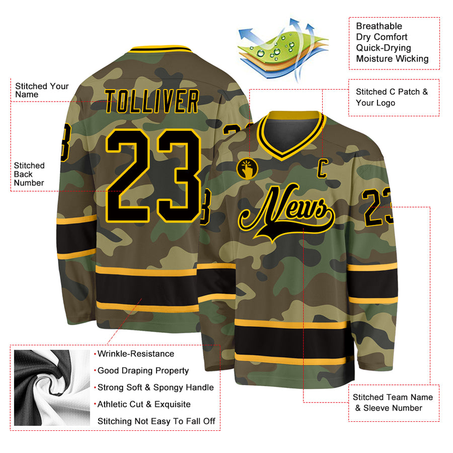 Custom Camo Black-Gold Salute To Service Hockey Jersey