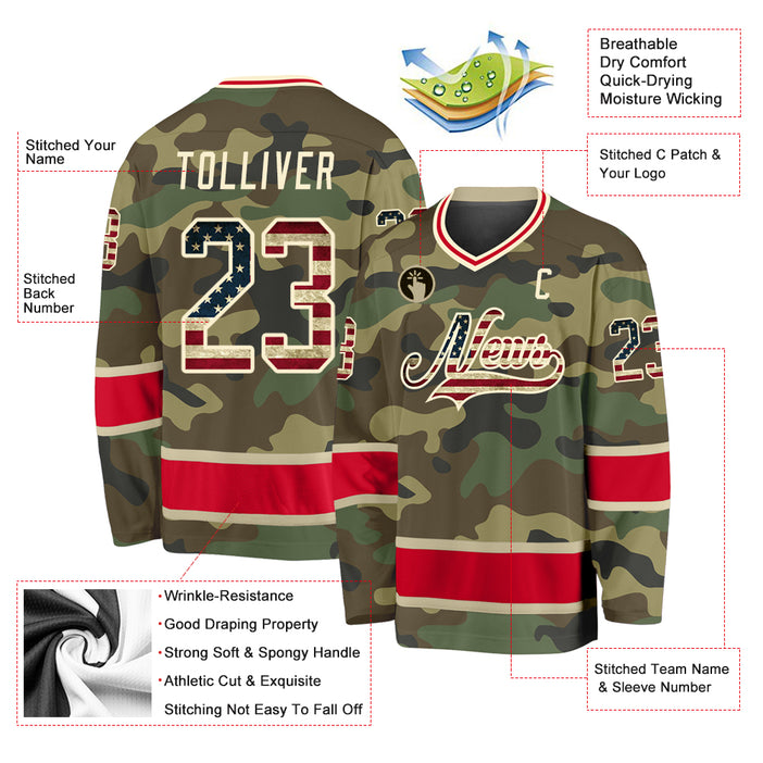 Custom Camo Vintage USA Flag-Red Salute To Service Hockey Jersey