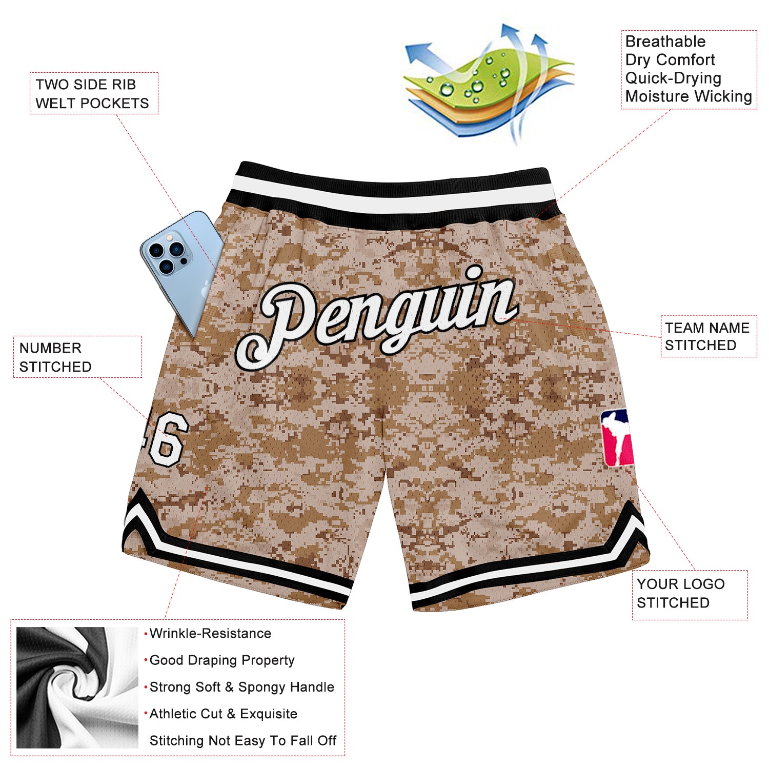 Custom Camo White-Black Authentic Salute To Service Basketball Shorts