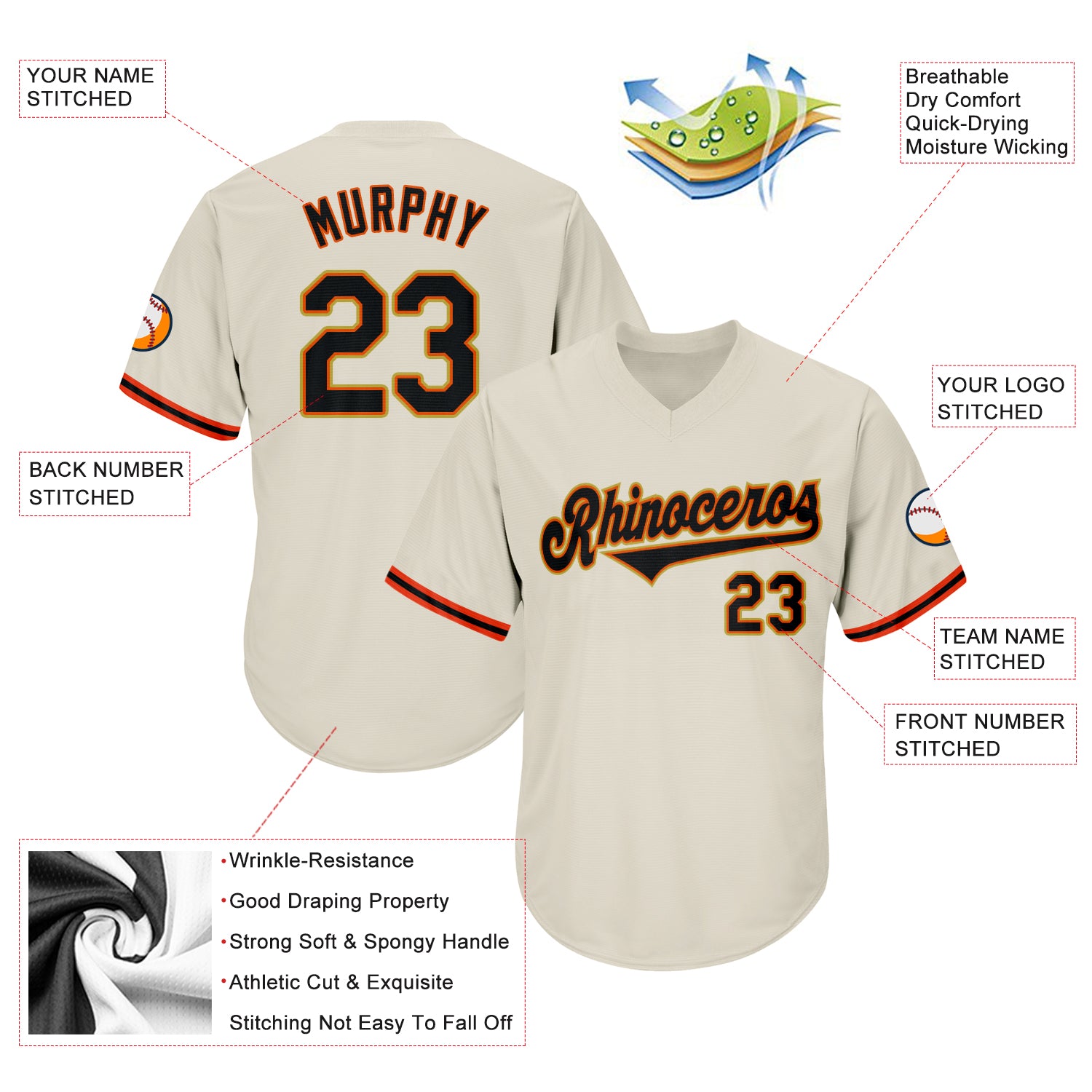 Custom Cream Black-Orange Baseball Jersey