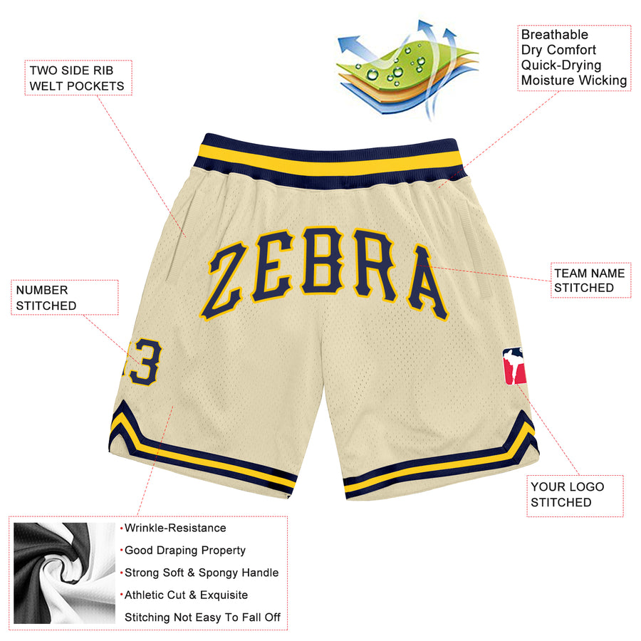 Custom Cream Navy-Gold Authentic Throwback Basketball Shorts