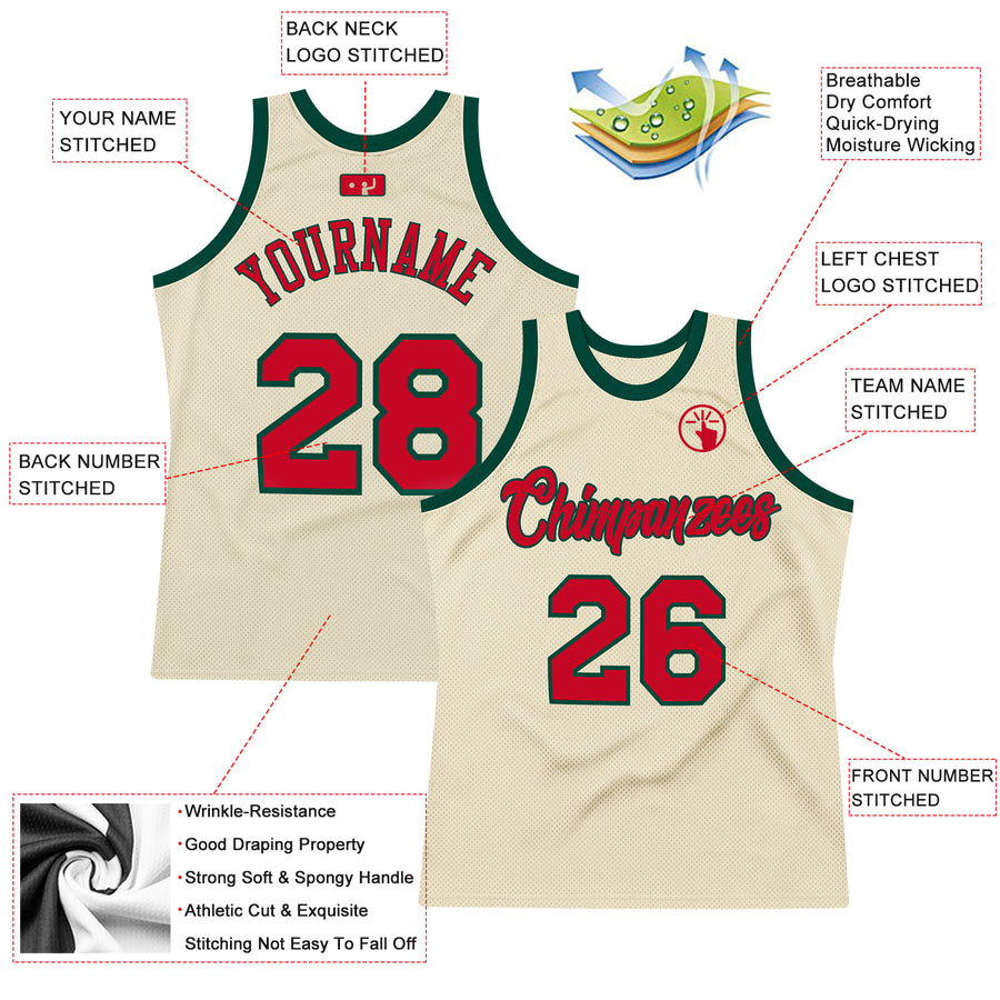 Custom Cream Red-Hunter Green Authentic Throwback Basketball Jersey