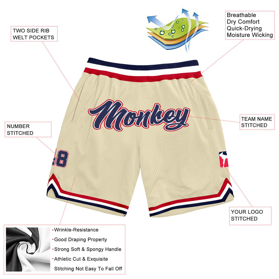 Custom Cream Navy-Red Authentic Throwback Basketball Shorts