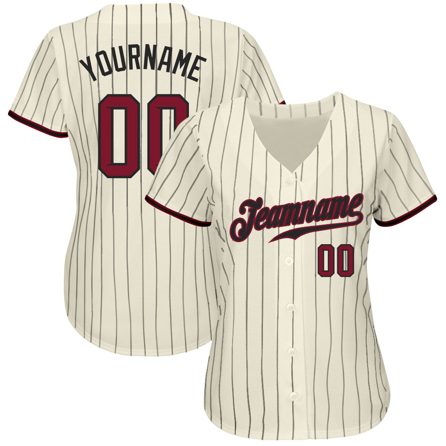 Custom Cream Black Pinstripe Crimson-Black Authentic Baseball Jersey