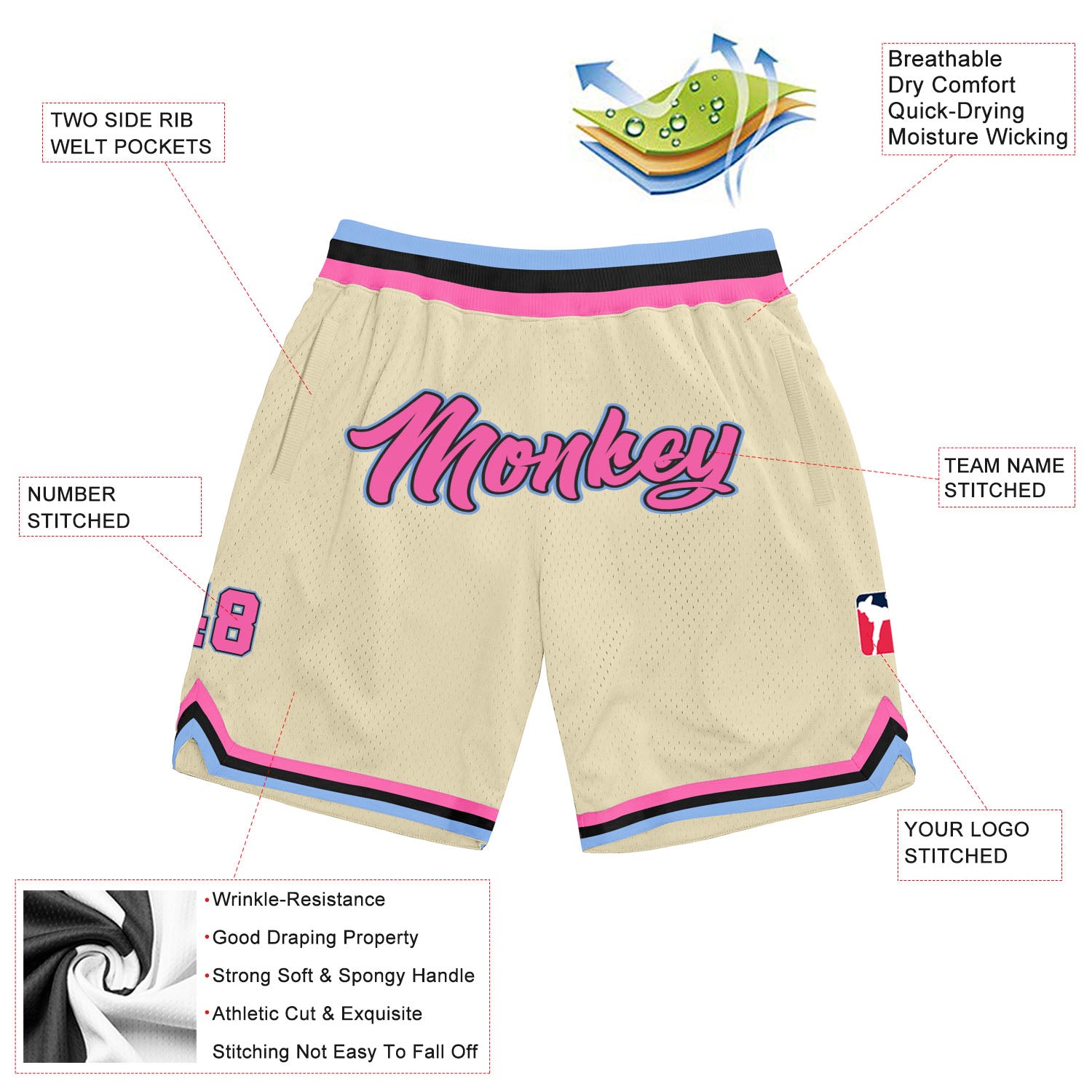 Custom Cream Pink-Light Blue Authentic Throwback Basketball Shorts