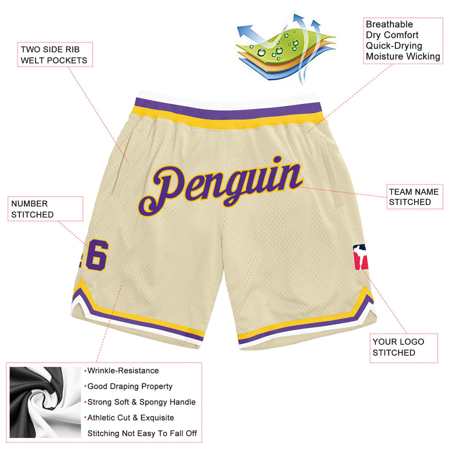 Custom Cream Purple-Gold Authentic Throwback Basketball Shorts