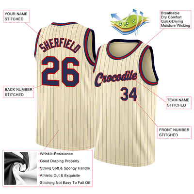 Custom Cream Navy Pinstripe Navy-Red Authentic Basketball Jersey