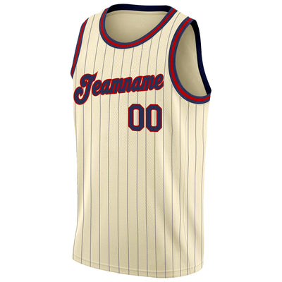 Custom Cream Navy Pinstripe Navy-Red Authentic Basketball Jersey