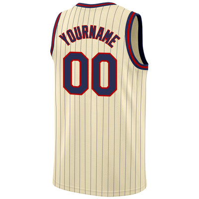 Custom Cream Navy Pinstripe Navy-Red Authentic Basketball Jersey