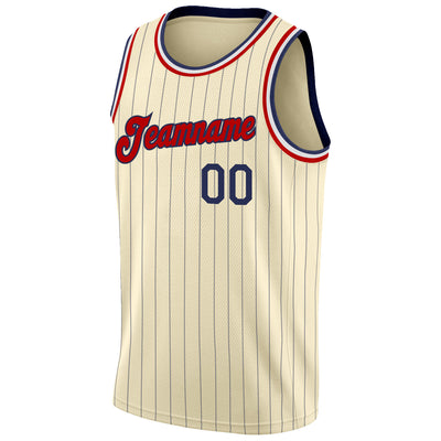 Custom Cream Navy Pinstripe Red-Black Authentic Basketball Jersey