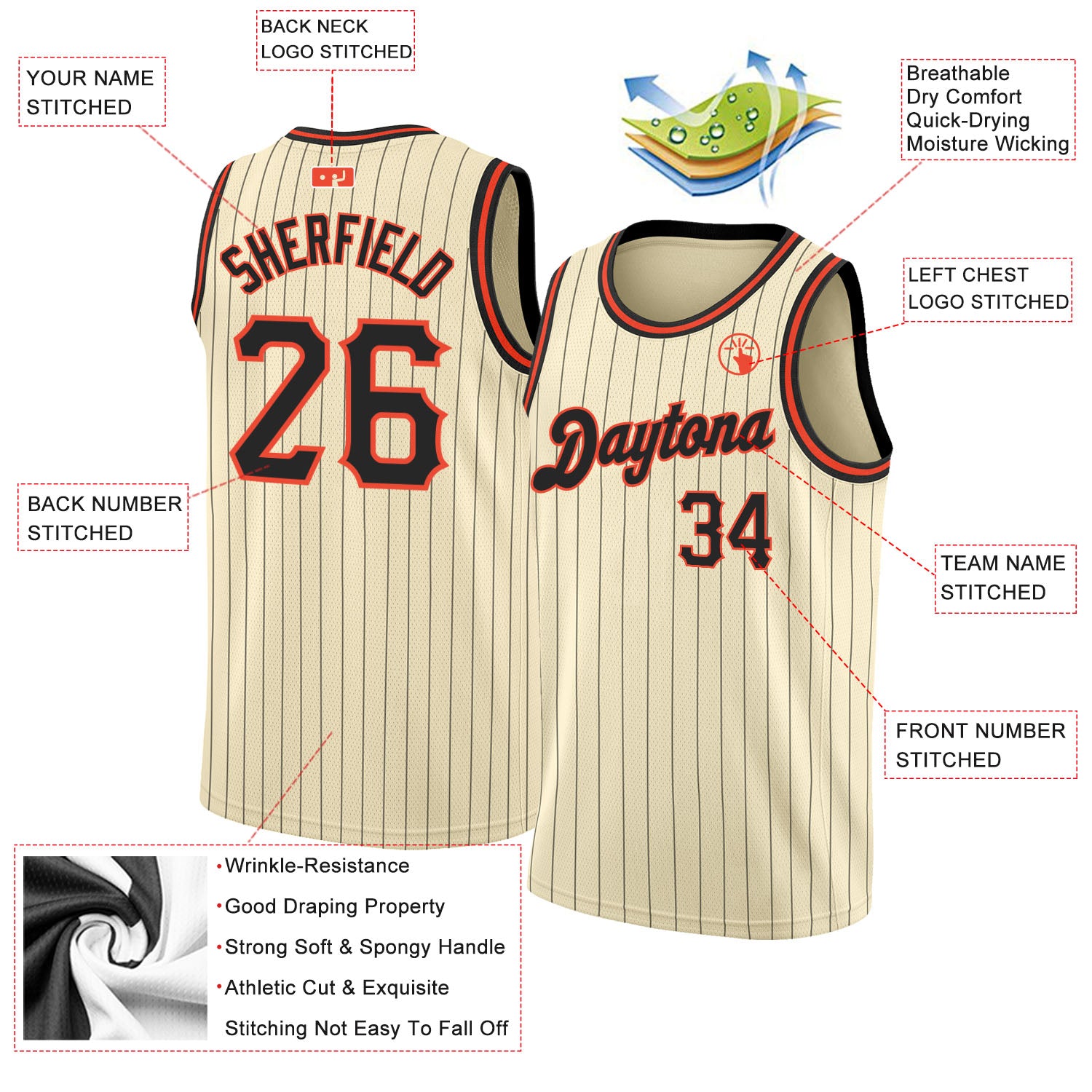 FANSIDEA Custom Cream Black Pinstripe Black-Orange Authentic Basketball Jersey Men's Size:S