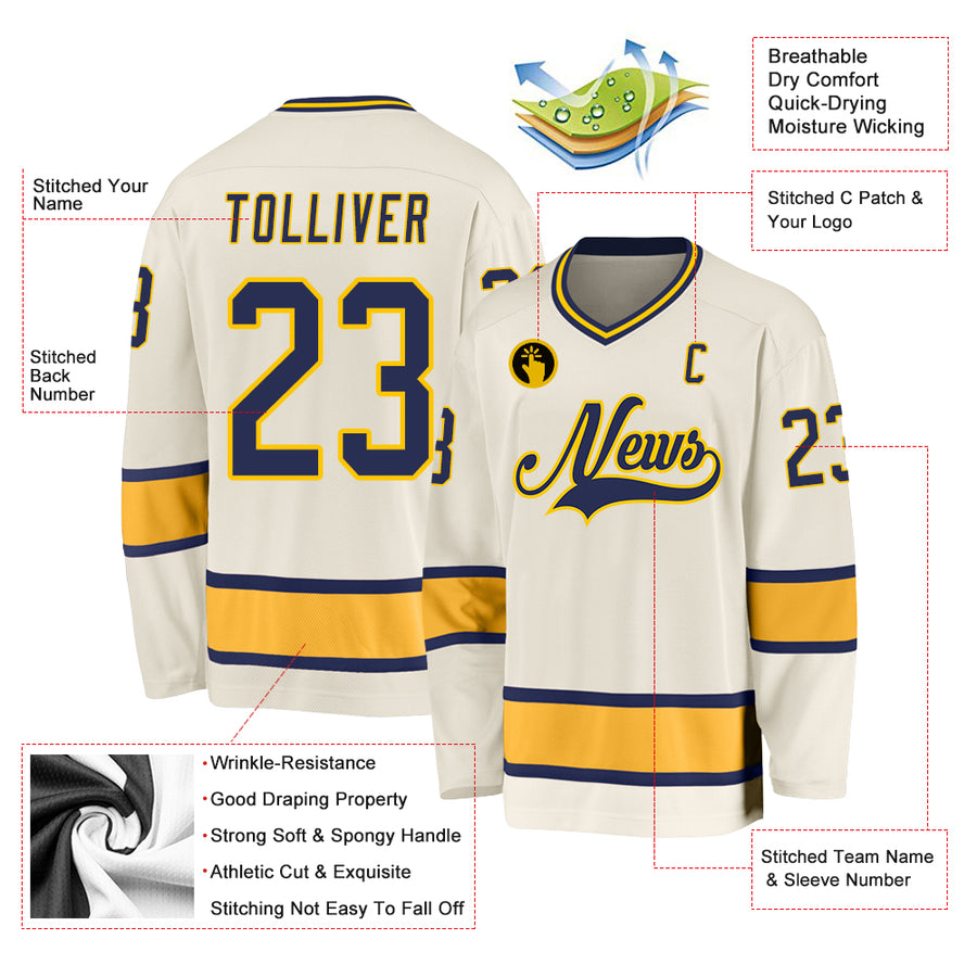 Custom Cream Navy-Gold Hockey Jersey