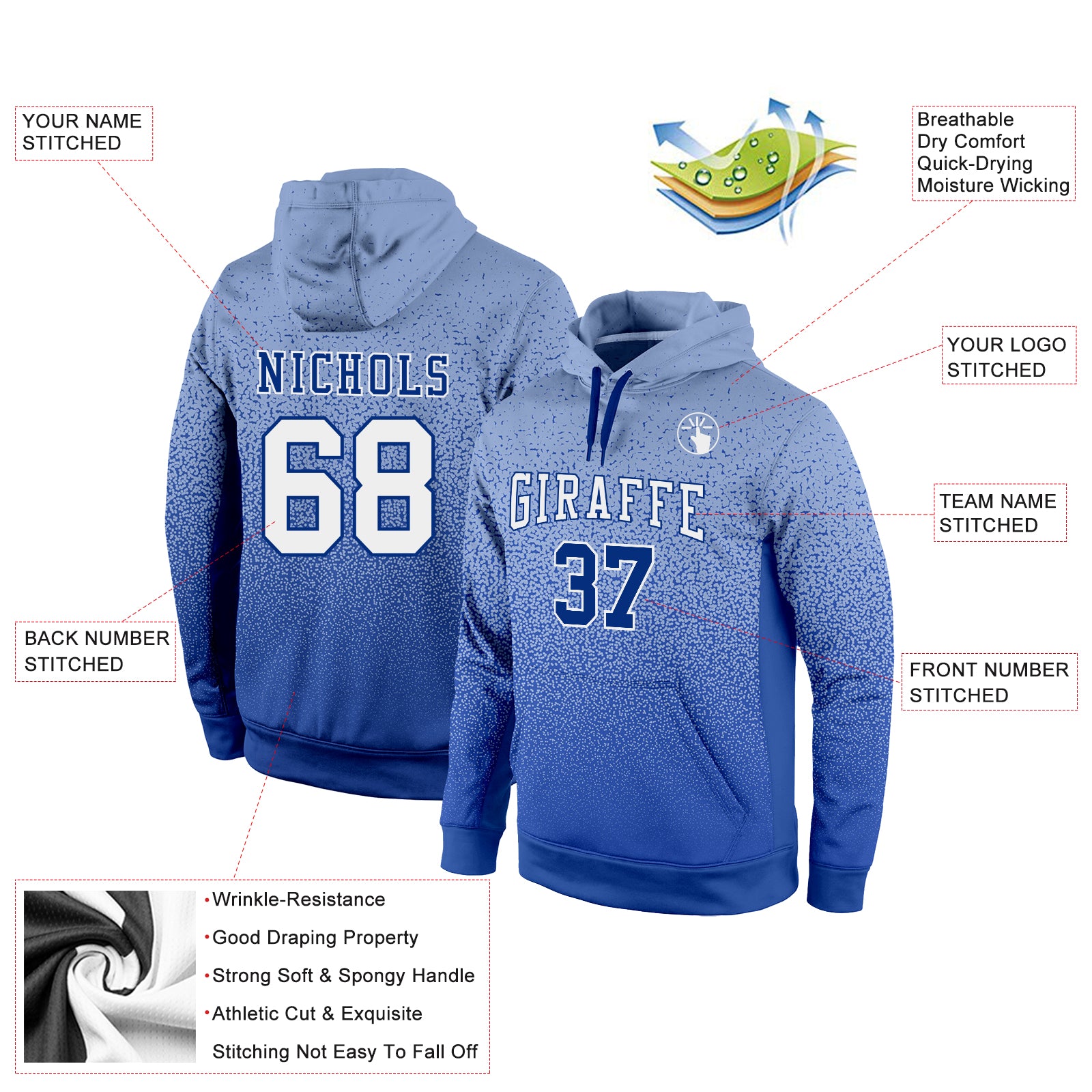 Custom Stitched Light Blue White-Royal Fade Fashion Sports Pullover Sweatshirt Hoodie