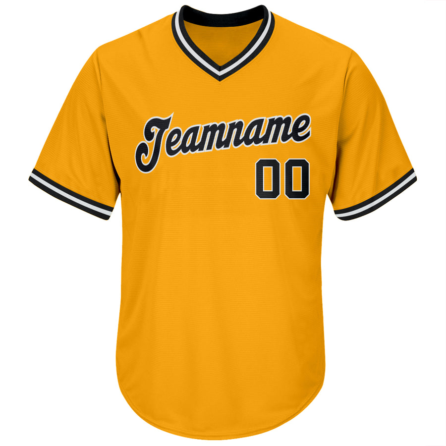 Custom Gold Black-White Authentic Throwback Rib-Knit Baseball Jersey Shirt