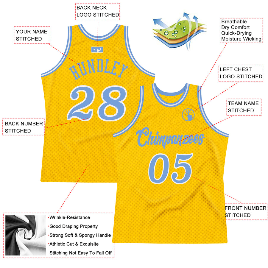 Custom Gold Light Blue-White Authentic Throwback Basketball Jersey