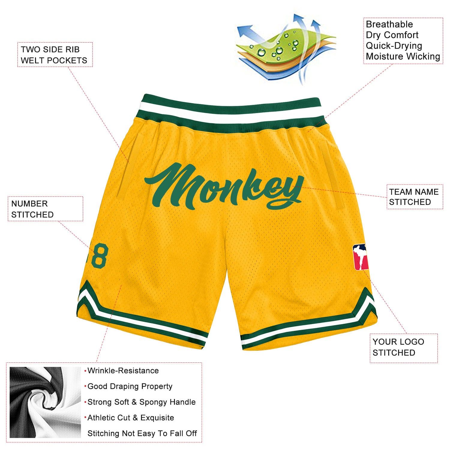 Custom Gold Kelly Green-White Authentic Throwback Basketball Shorts