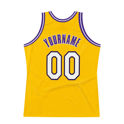 Custom Gold White-Purple Authentic Throwback Basketball Jersey