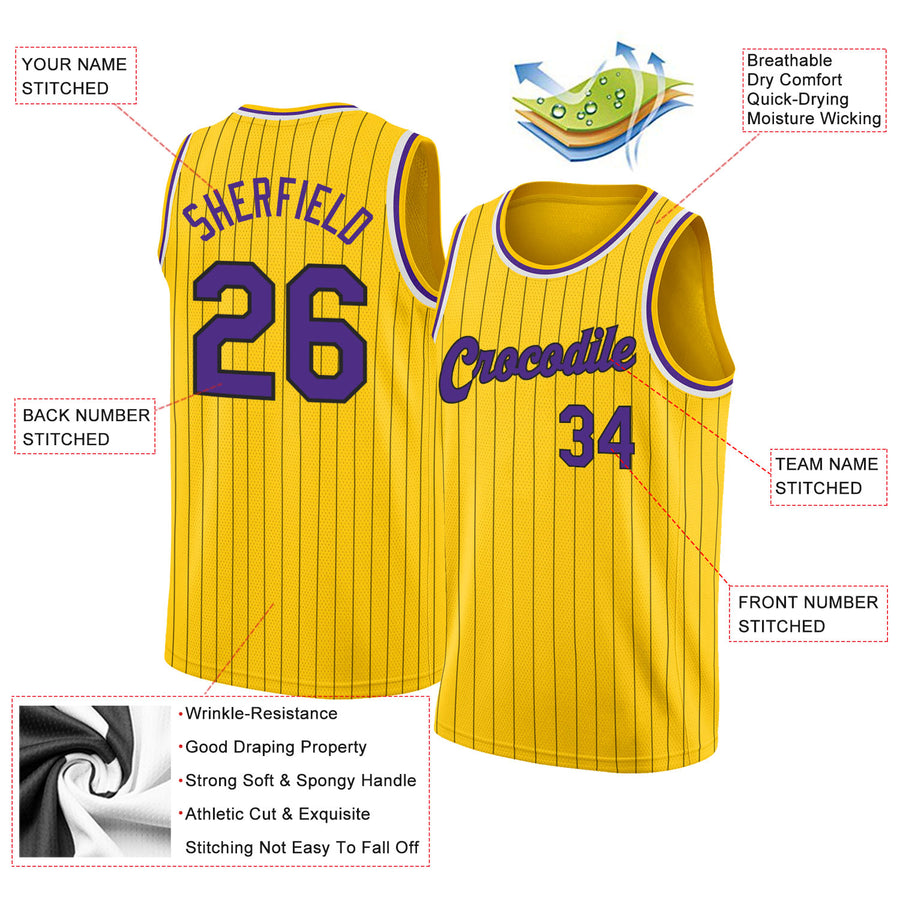 Custom Gold Black Pinstripe Purple-White Authentic Basketball Jersey