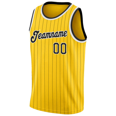 Custom Gold Black Pinstripe Black-White Authentic Basketball Jersey