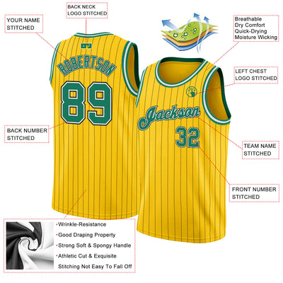 Custom Gold Black Pinstripe Kelly Green-White Authentic Basketball Jersey