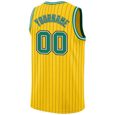 Custom Gold Black Pinstripe Kelly Green-White Authentic Basketball Jersey