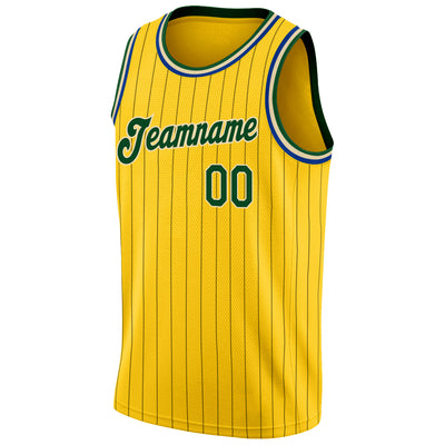 Custom Gold Black Pinstripe Green-Cream Authentic Basketball Jersey