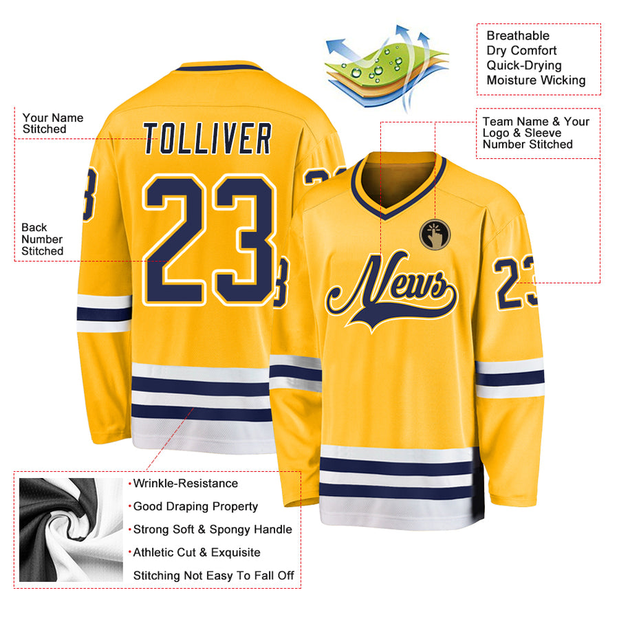 Custom Gold Navy-White Hockey Jersey